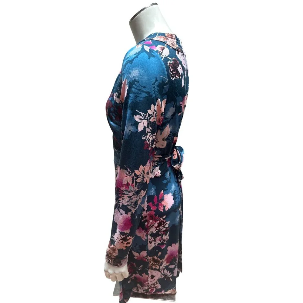 Thalia Sodi Small Teal Floral Wrap Dress Long Sleeve Fall Party Cafecore Look - Picture 7 of 12
